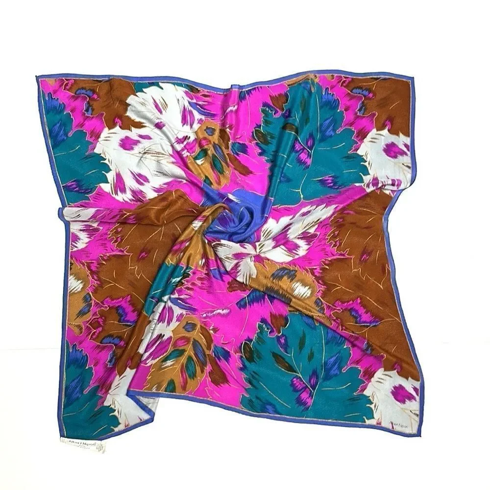 Albert Nipon for XIIX KARAT Silk Square Scarf Blue Magenta Tan Floral Vintage